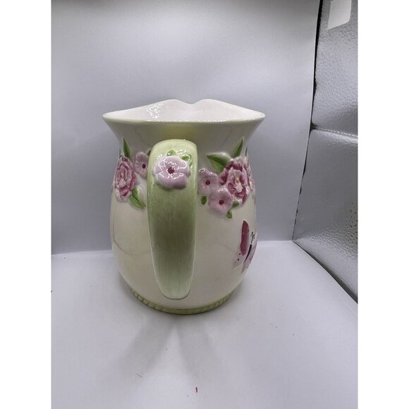 HARRY & DAVID Embossed Pink Butterflies Flowers Ceramic 2 Qt Beverage Pitcher - Picture 3 of 5
